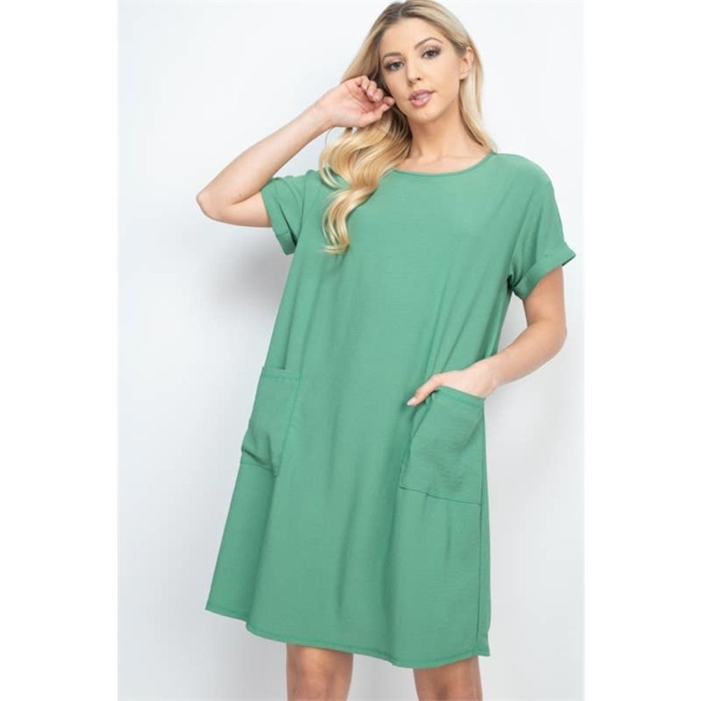 Green Rolled Sleeve Shift Dress with Pockets - Picture 4 of 8